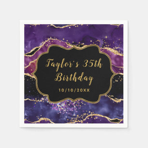 Serviette En Papier Anniversaire Agate Sequins Or et Violet Foncé
