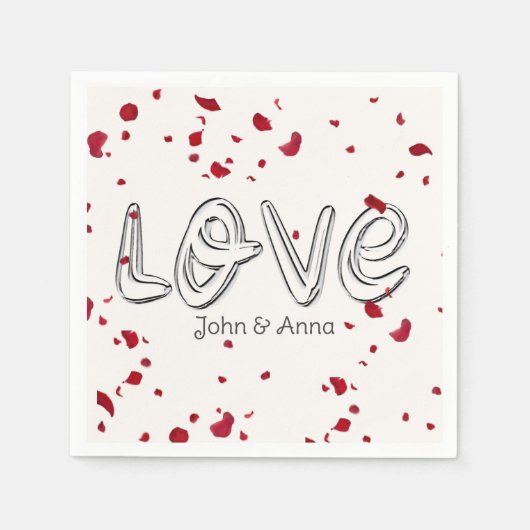 Serviette En Papier Anniversaire Amour Texte Avec Pétales Roses (Devant)