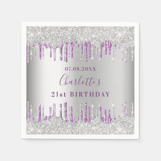 Serviette En Papier Anniversaire argent violet parties scintillant gou (Devant)