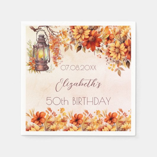 Serviette En Papier Anniversaire automne fleurons oranges lampe rustiq (Devant)