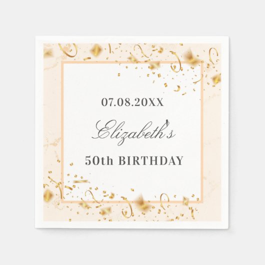 Serviette En Papier Anniversaire blanc confetti nom script élégant (Devant)