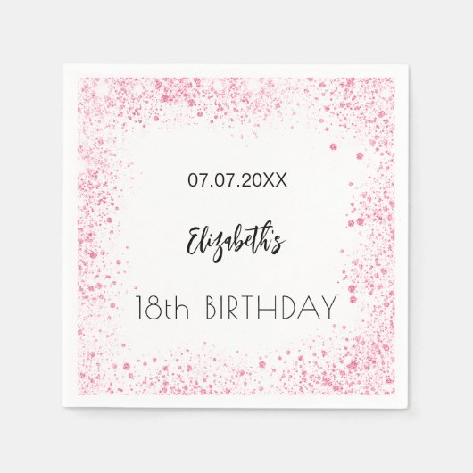 Serviette En Papier Anniversaire blanc rose parties scintillant nom de (Devant)