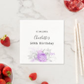 Serviette En Papier Anniversaire blanc violet fleurs argent (En situation)