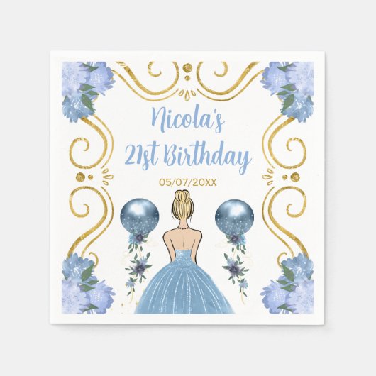 Serviette En Papier Anniversaire Blonde Princesse en Dusty Blue (Devant)