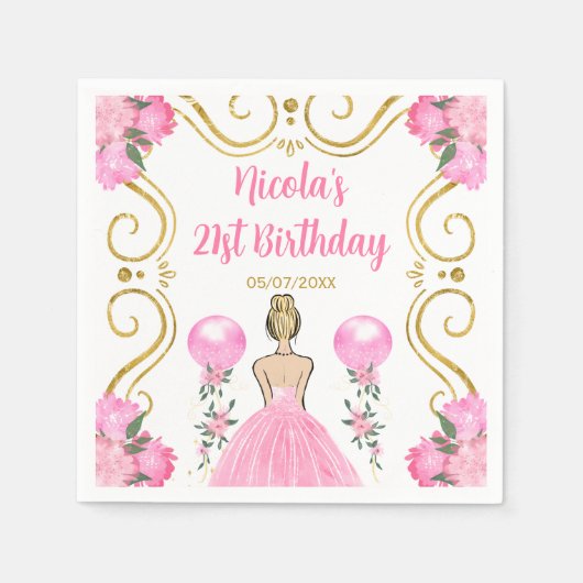 Serviette En Papier Anniversaire Blonde Princesse en rose (Devant)