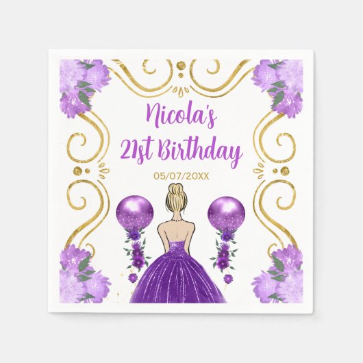 Serviette En Papier Anniversaire Blonde Princesse en violet (Devant)