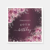 Serviette En Papier Anniversaire Bourgogne rose fleurs nom script (Devant)