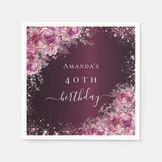 Serviette En Papier Anniversaire Bourgogne rose fleurs nom script (Devant)