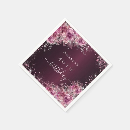 Serviette En Papier Anniversaire Bourgogne rose fleurs nom script (Coin)