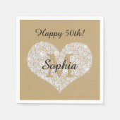 Serviette En Papier Anniversaire, Coeur Diamant, Monogramme Or, Nom (Devant)