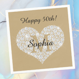 Serviette En Papier Anniversaire, Coeur Diamant, Monogramme Or, Nom