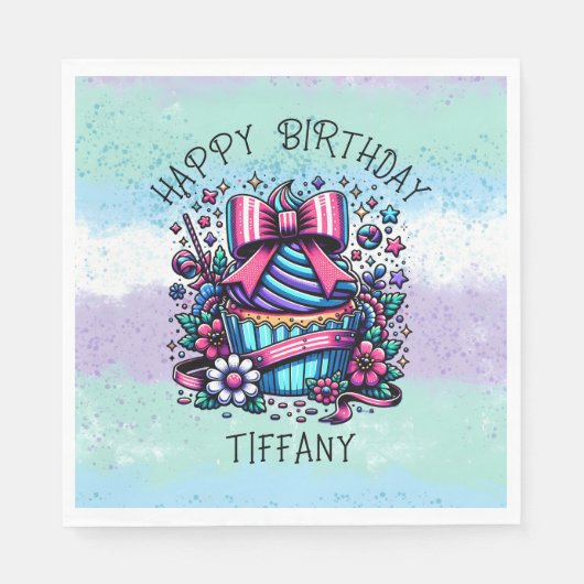 Serviette En Papier Anniversaire Cupcake Whimsical Personnalisé (Devant)