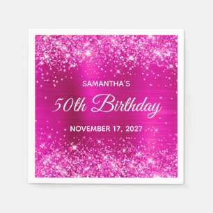 Serviette En Papier Anniversaire de 50 ans en paillettes rose chaud