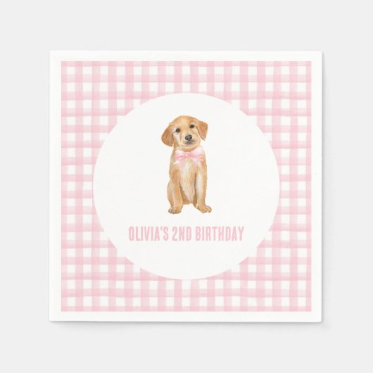 Serviette En Papier Anniversaire de chiot préparé en carreaux roses (Devant)
