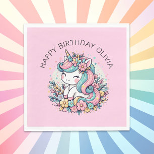 Serviette En Papier Anniversaire de la fille Pink Unicorn personnalisé