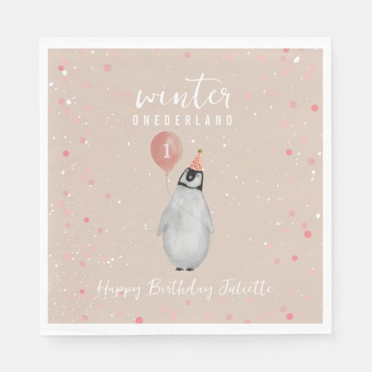 Serviette En Papier Anniversaire de l'Onederland Pink Balloon Penguin (Devant)