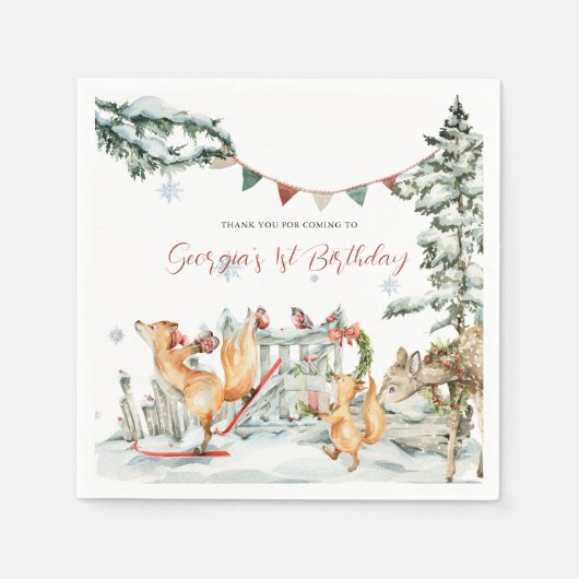 Serviette En Papier Anniversaire des bois d'hiver enchantés (Devant)