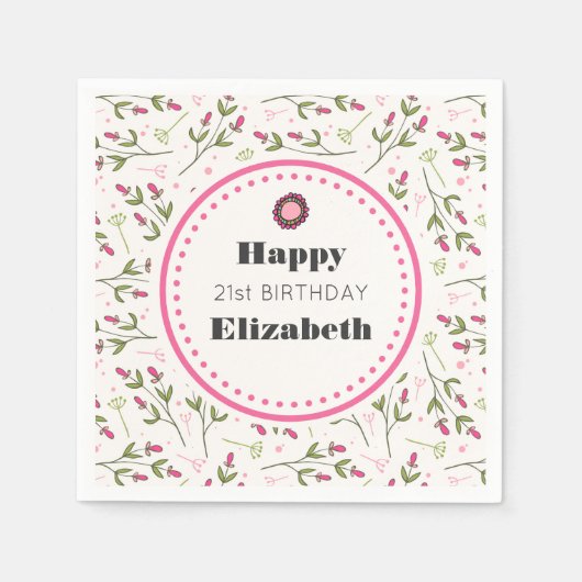 Serviette En Papier Anniversaire des Fleurs sauvages roses et verts (Devant)