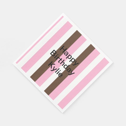 Serviette En Papier Anniversaire des rayures rose, chocolat et blanche (Coin)