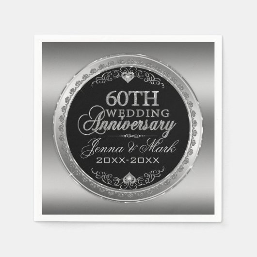 Serviette En Papier Anniversaire du 60e Mariage en argent et noir (Devant)