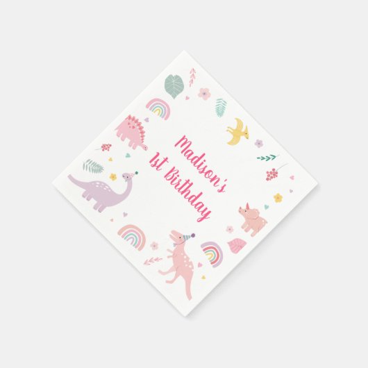Serviette En Papier Anniversaire du Dinosaure Boho Rose (Coin)