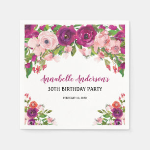 Serviette En Papier Anniversaire élégant floral rose violet aquarelle