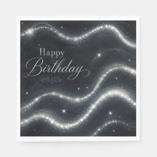 Serviette En Papier Anniversaire Élégant Noir Argent Diamant Vagues