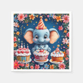 Serviette En Papier Anniversaire éléphant avec gâteau et ballons (Devant)