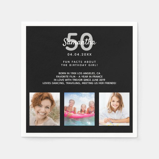 Serviette En Papier Anniversaire fête sur mesure photo fun faits noir (Devant)