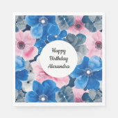 Serviette En Papier Anniversaire Floral Rose Bleu Chic (Devant)