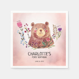 Serviette En Papier Anniversaire mignon d'ours et d'enfant de fleurs