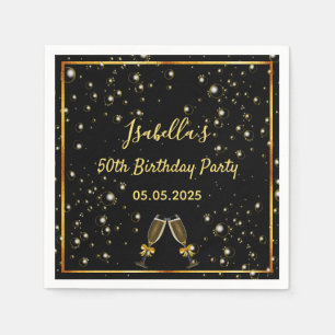 Serviette En Papier Anniversaire noir bulles d'or nom monogramme