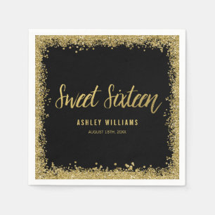 Serviette En Papier Anniversaire noir de parties scintillantes d'or du