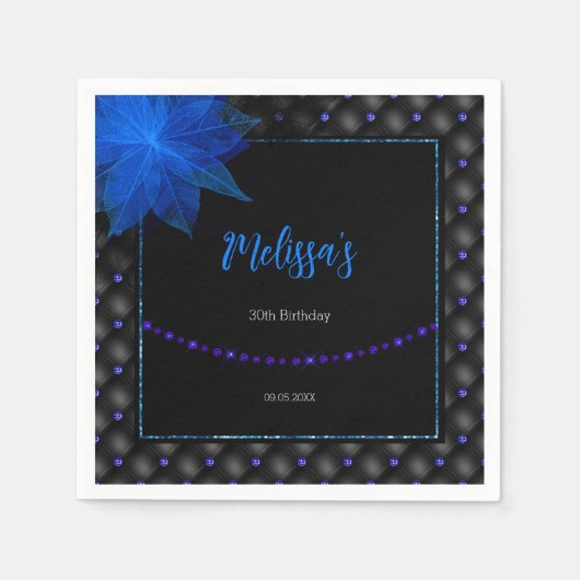 Serviette En Papier Anniversaire noir et bleu élégant (Devant)