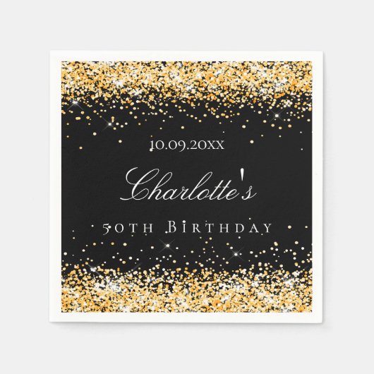 Serviette En Papier Anniversaire noir nom or élégant (Devant)