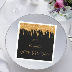 Serviette En Papier Anniversaire noir or parties scintillant gouttes n