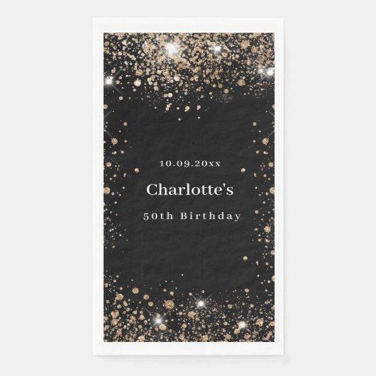 Serviette En Papier Anniversaire noir or parties scintillant nom (Devant)
