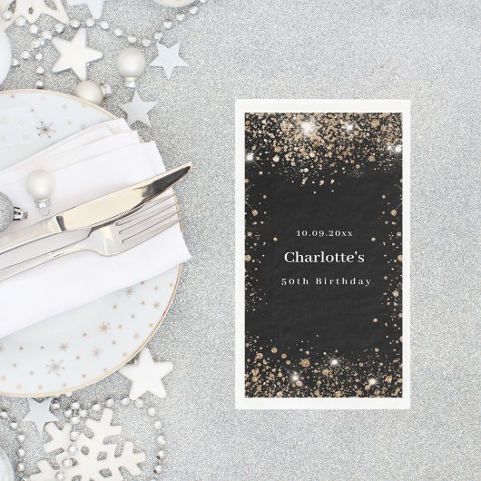 Serviette En Papier Anniversaire noir or parties scintillant nom