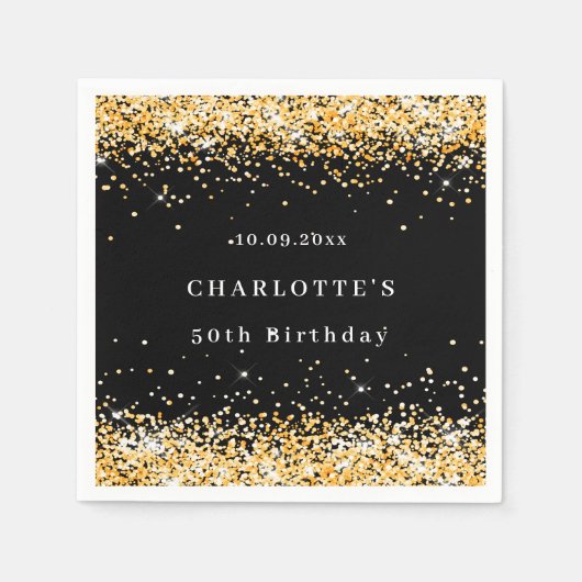Serviette En Papier Anniversaire noir or parties scintillant nom éléga (Devant)
