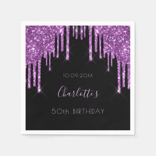 Serviette En Papier Anniversaire noir violet parties scintillant nom g (Devant)