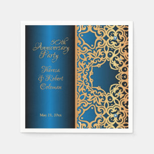 Serviette En Papier Anniversaire Orné D'Or Vintage Et De Bijoux Bleu