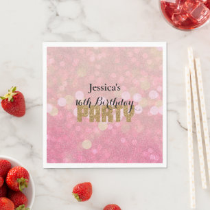 Serviette En Papier Anniversaire Paillettes Bokeh Or Rose