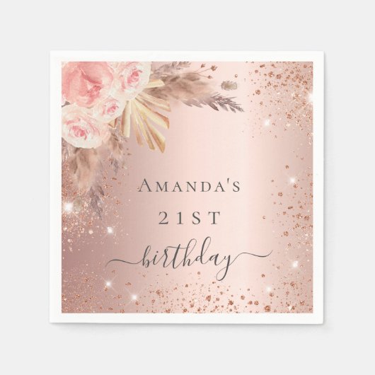 Serviette En Papier Anniversaire pampas herbe rose or fleurie (Devant)