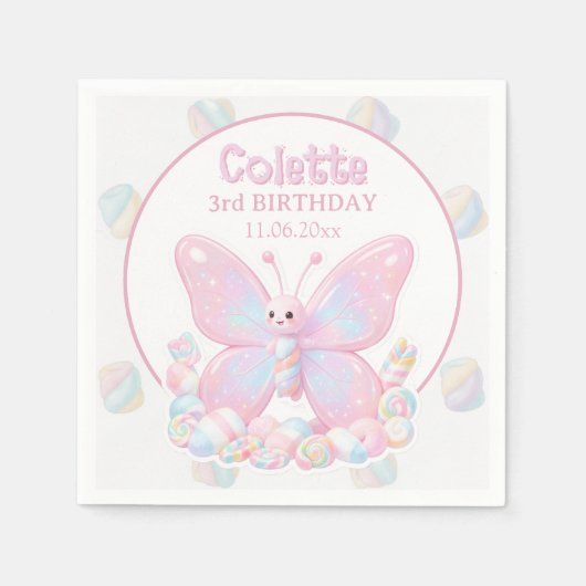 Serviette En Papier Anniversaire Papillon Fraise Rose (Devant)