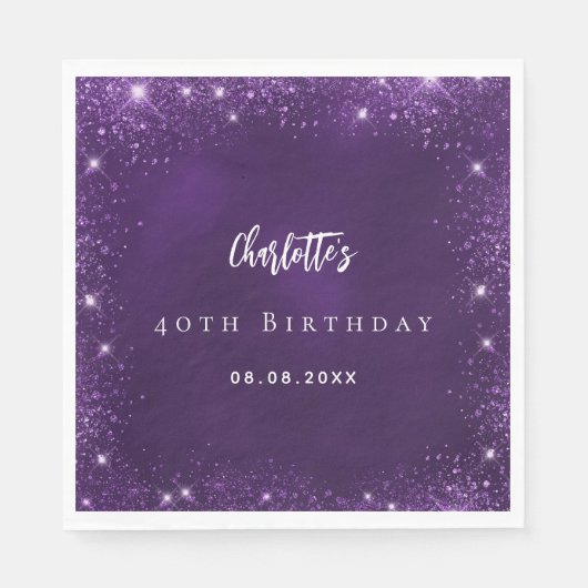 Serviette En Papier Anniversaire parties scintillant violet nom étince (Devant)