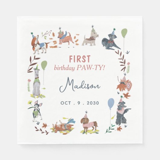 Serviette En Papier Anniversaire Paw-ty mignon chiot chiens (Devant)