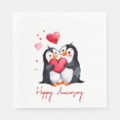 Serviette En Papier Anniversaire Pingouin Pair Avec Coeurs Rouges (Devant)