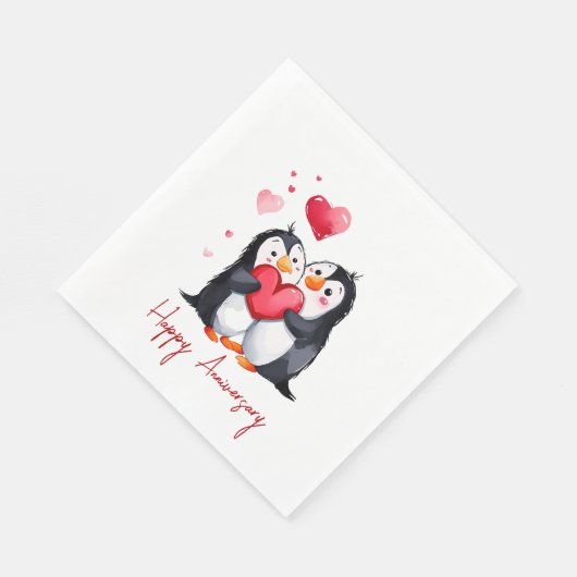 Serviette En Papier Anniversaire Pingouin Pair Avec Coeurs Rouges (Coin)