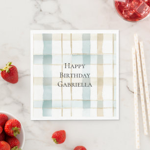 Serviette En Papier Anniversaire Rayures à Carreaux Bleu Crème Blanc
