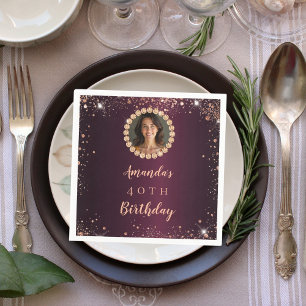 Serviette En Papier Anniversaire rose gold burgundy photo diamants